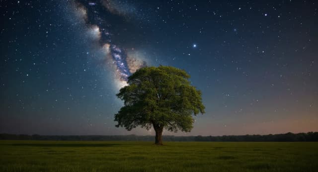 Tree in a green field under a starry night sky, after sky replacement.
